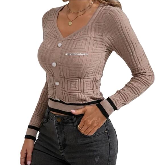 #T76 Elegant Scoop Neck Sweater Trim Long Sleeve Pearl Like Buttons SZ L $59 - Picture 3 of 14